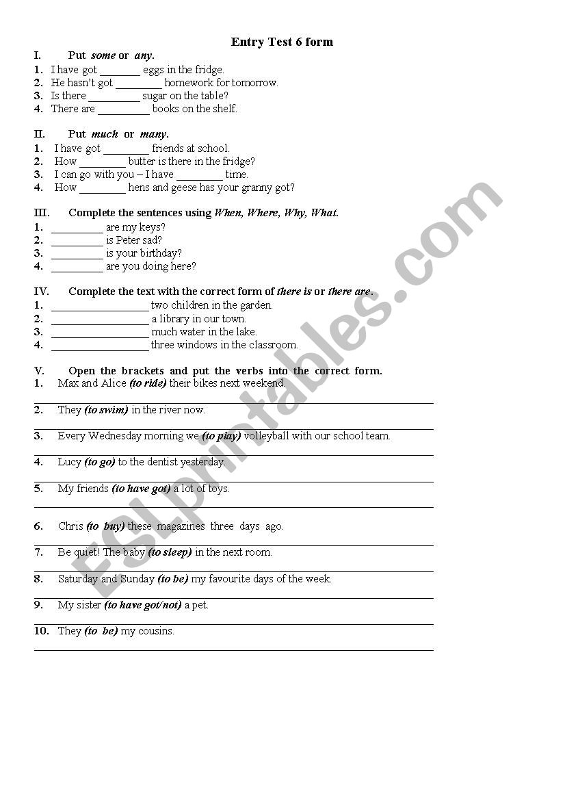 Test for 6 form worksheet