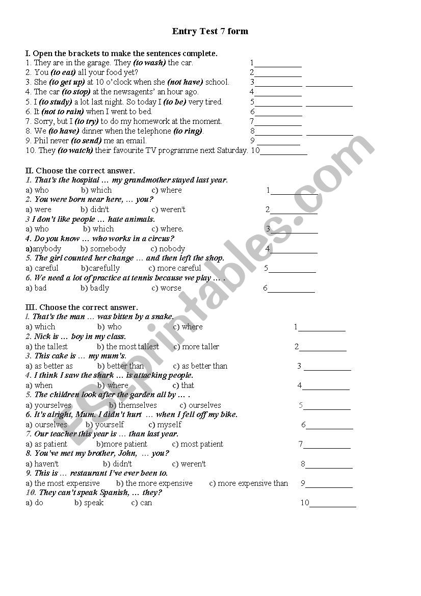 Test for 7 form worksheet