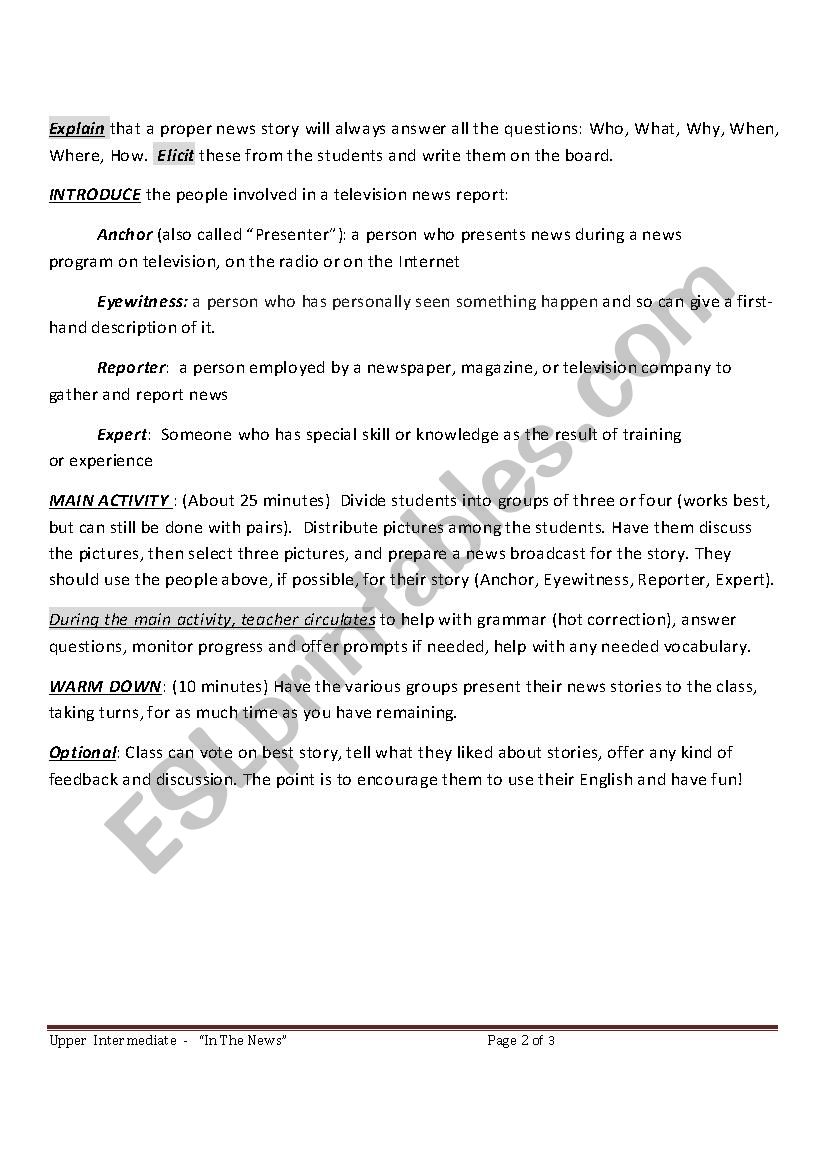 In The News Hard Soft News Esl Worksheet By Ldeloresmoore