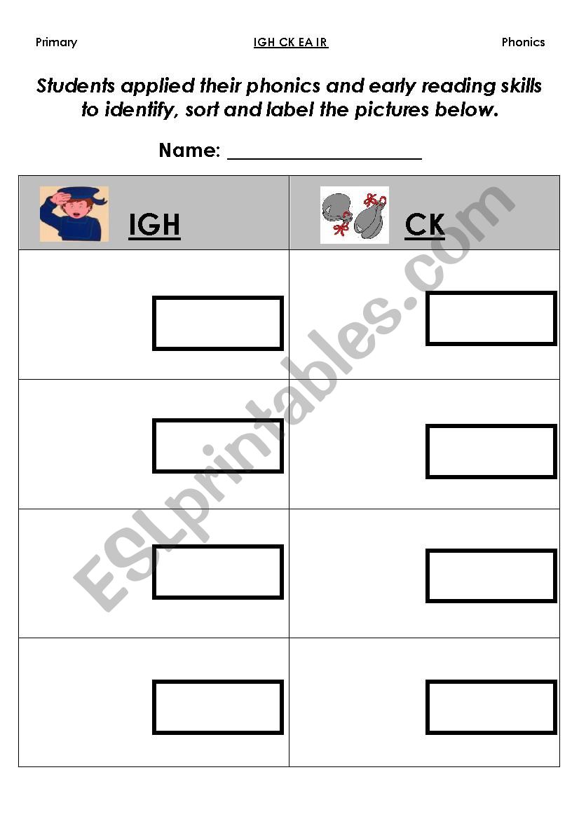 Phonics Cut and Paste Activity (IGH CK EA IR) 