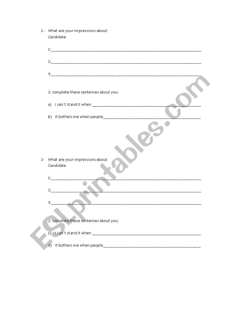 impressions worksheet