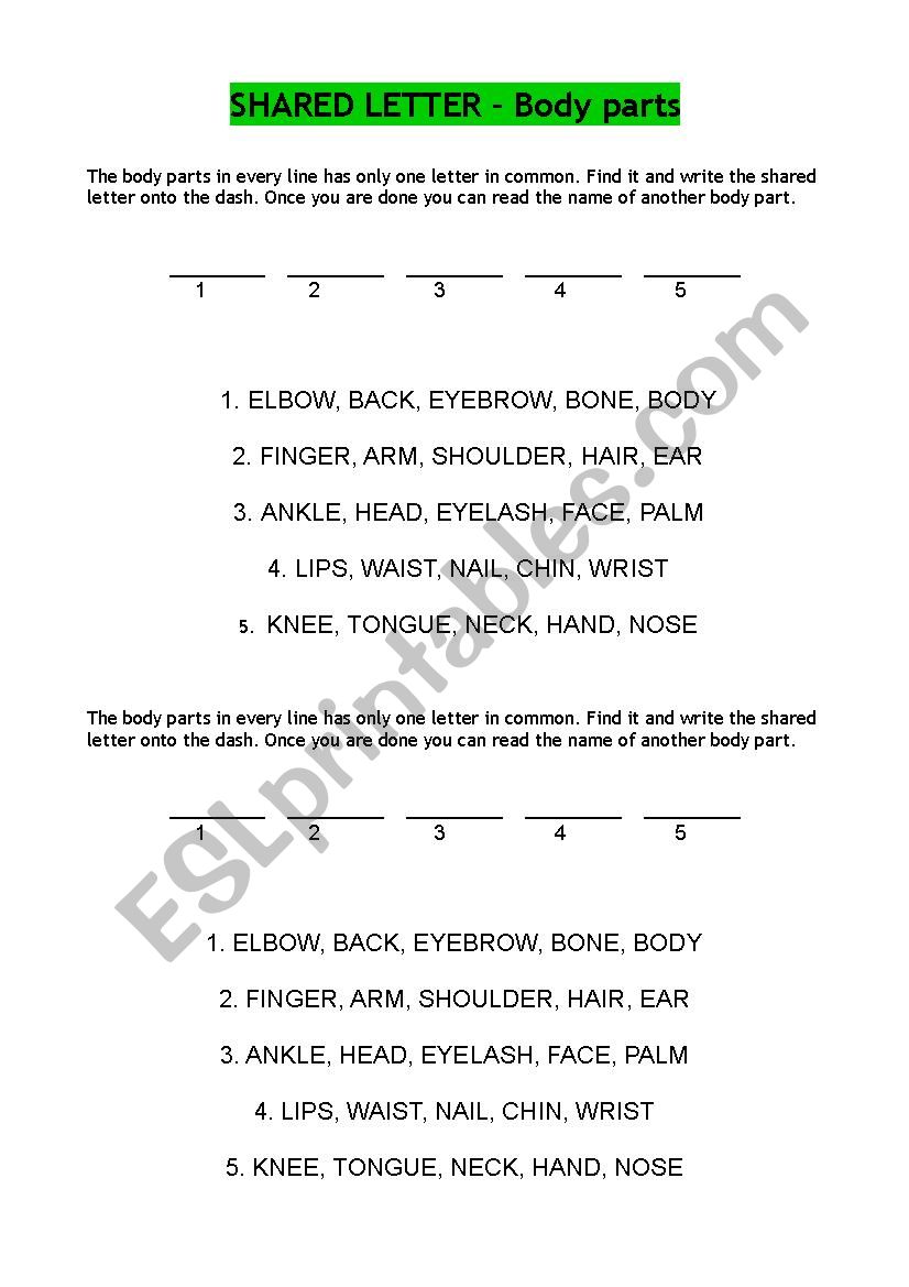 SHARED LETTER - body parts worksheet