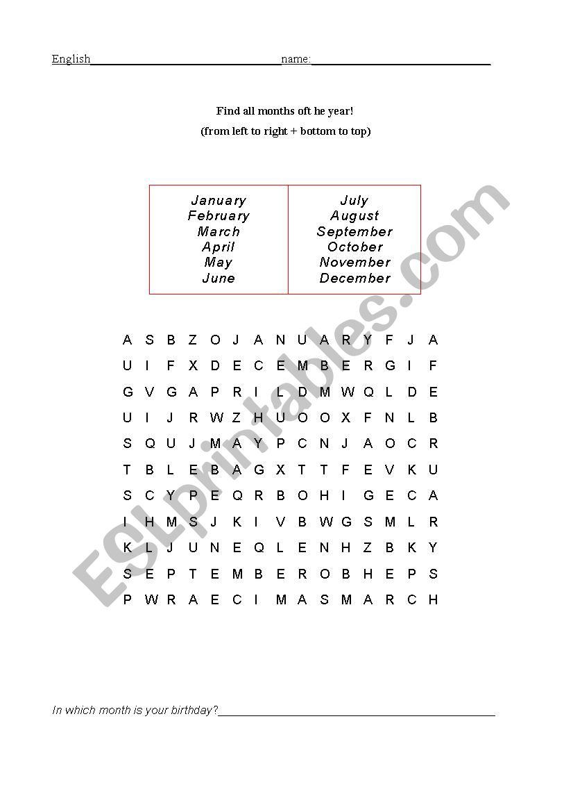 Months of the year riddle worksheet