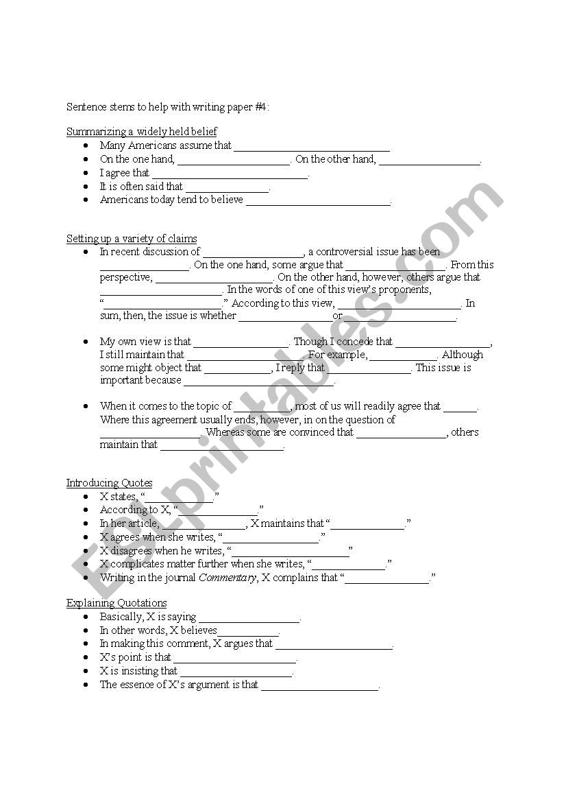 Sentence Stems for Academic Writing Classes