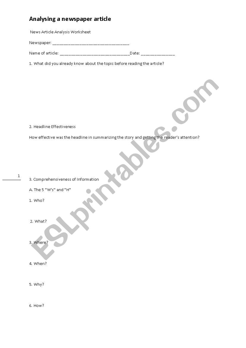 News Article Analysis Worksheet