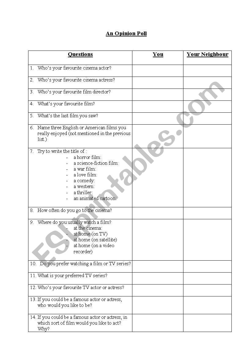 opinion poll on cinema worksheet