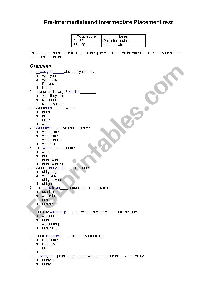 pre intermediate test worksheet