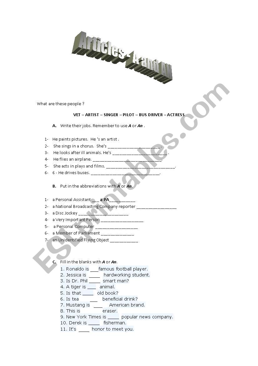 ARTICLES - A and AN worksheet