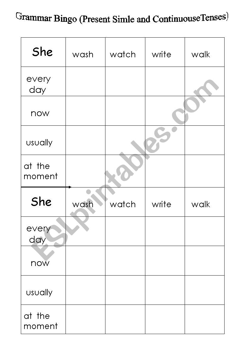 Grammar Bingo ( PLaying with Present Tenses )