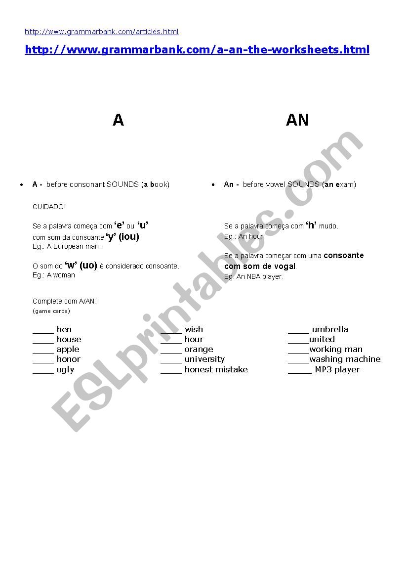 Definite and Indefinite Articles A, An and The