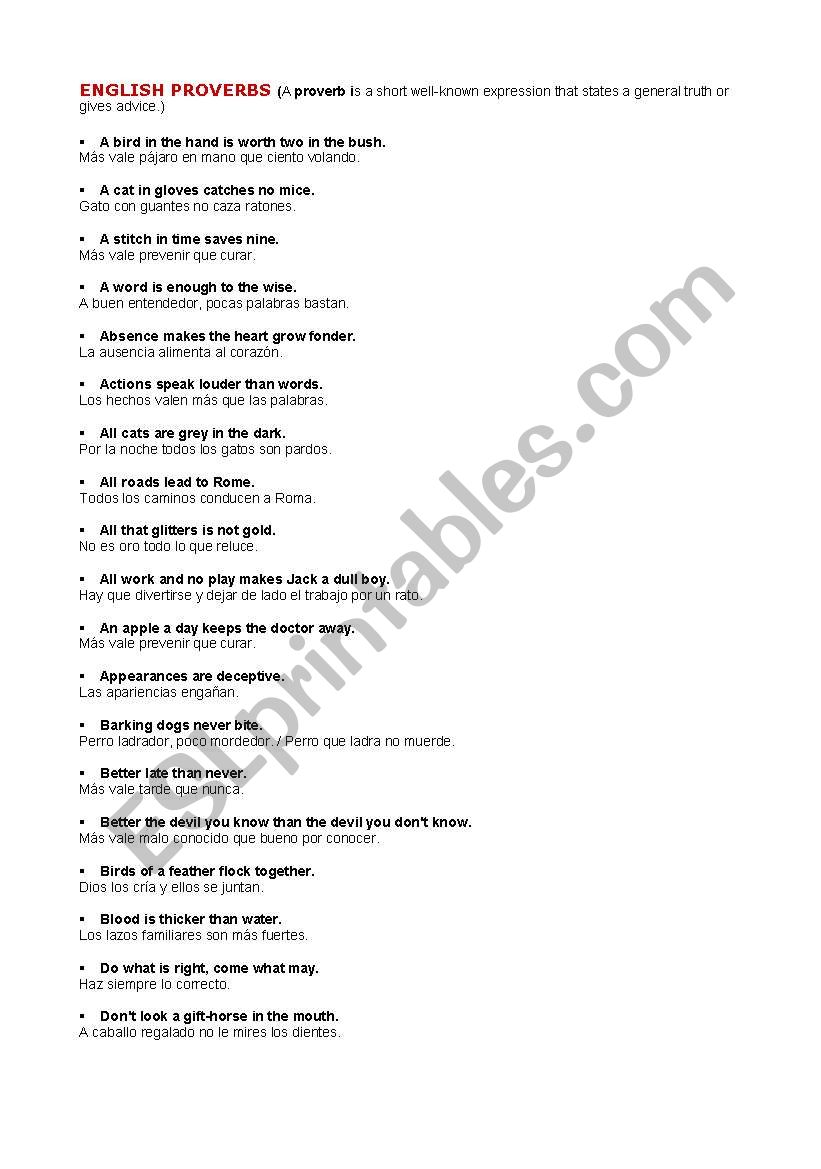 English proverbs worksheet