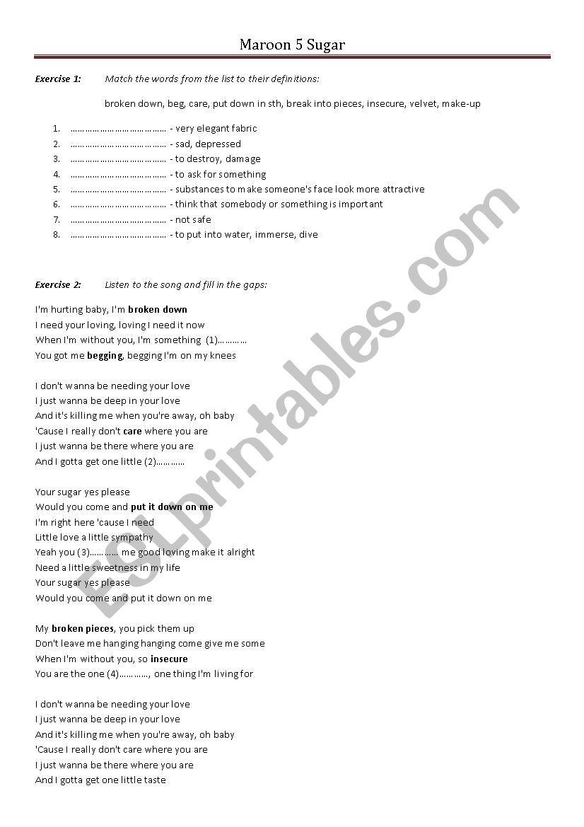 Maroon 5 Sugar Lesson worksheet