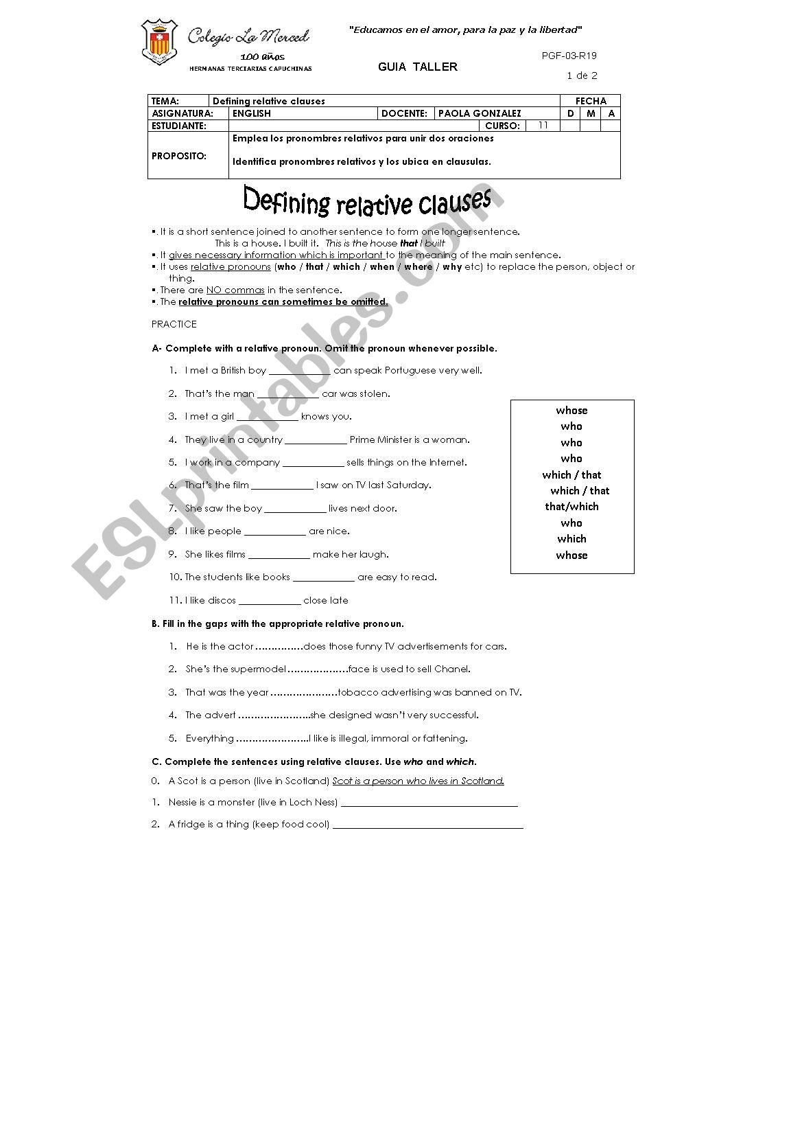 defining relative clauses worksheet