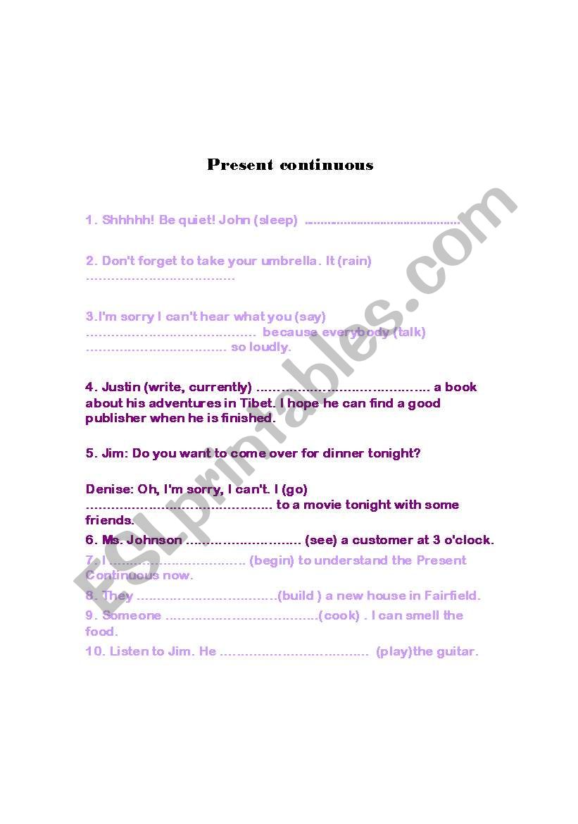 present continuous tense worksheet