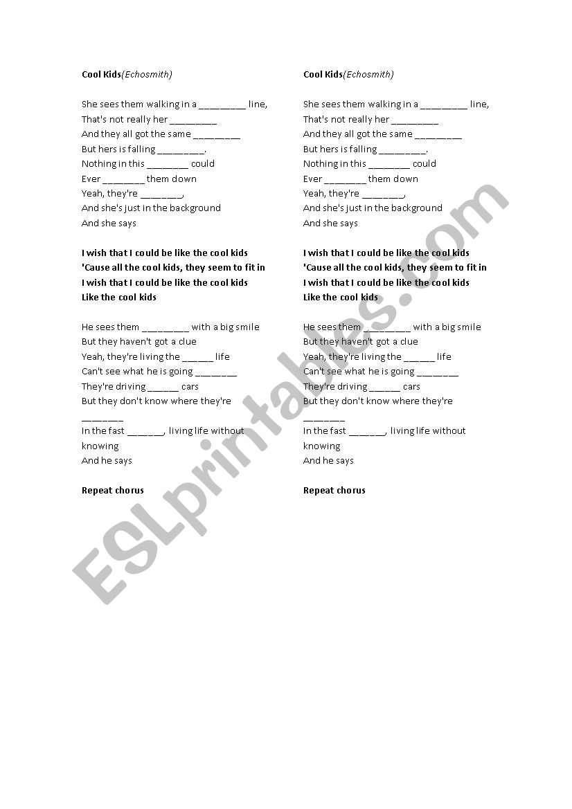 Cool Kids - Echosmith worksheet