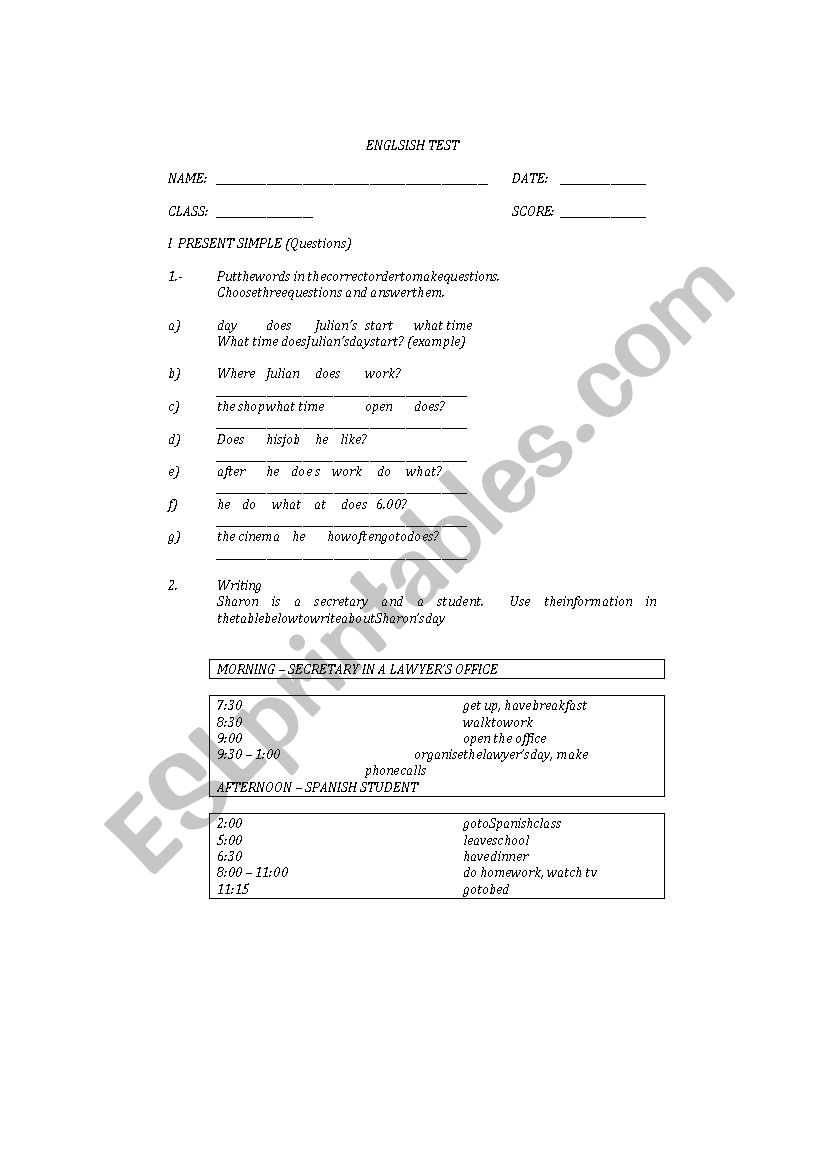 Test First Class ESL Worksheet By Jimenaisabella