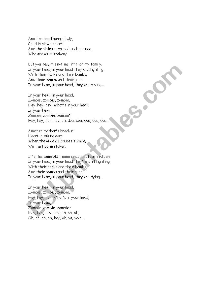 Zombie Lyrics by The Cranberries - ESL worksheet by jonnyc81