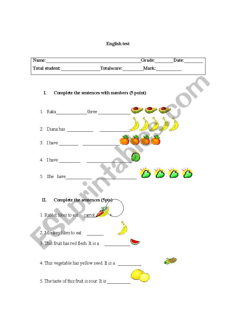test fruits and vegetables  worksheet