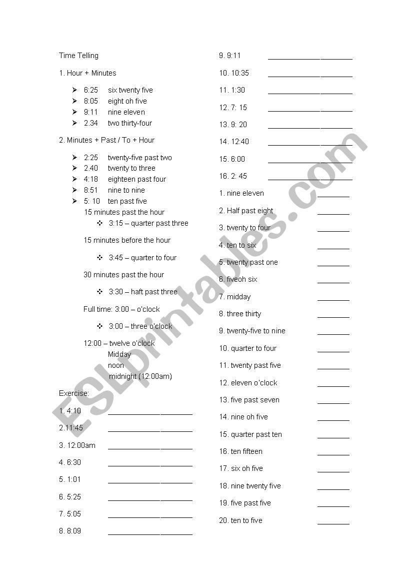 Time Telling worksheet