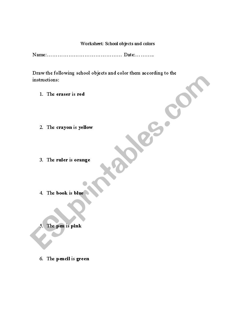 School objects and colors worksheet