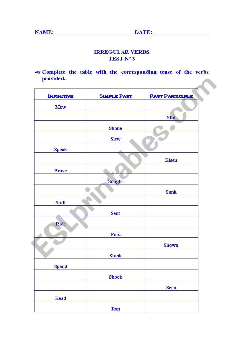 Irregular Verbs Test n3 worksheet