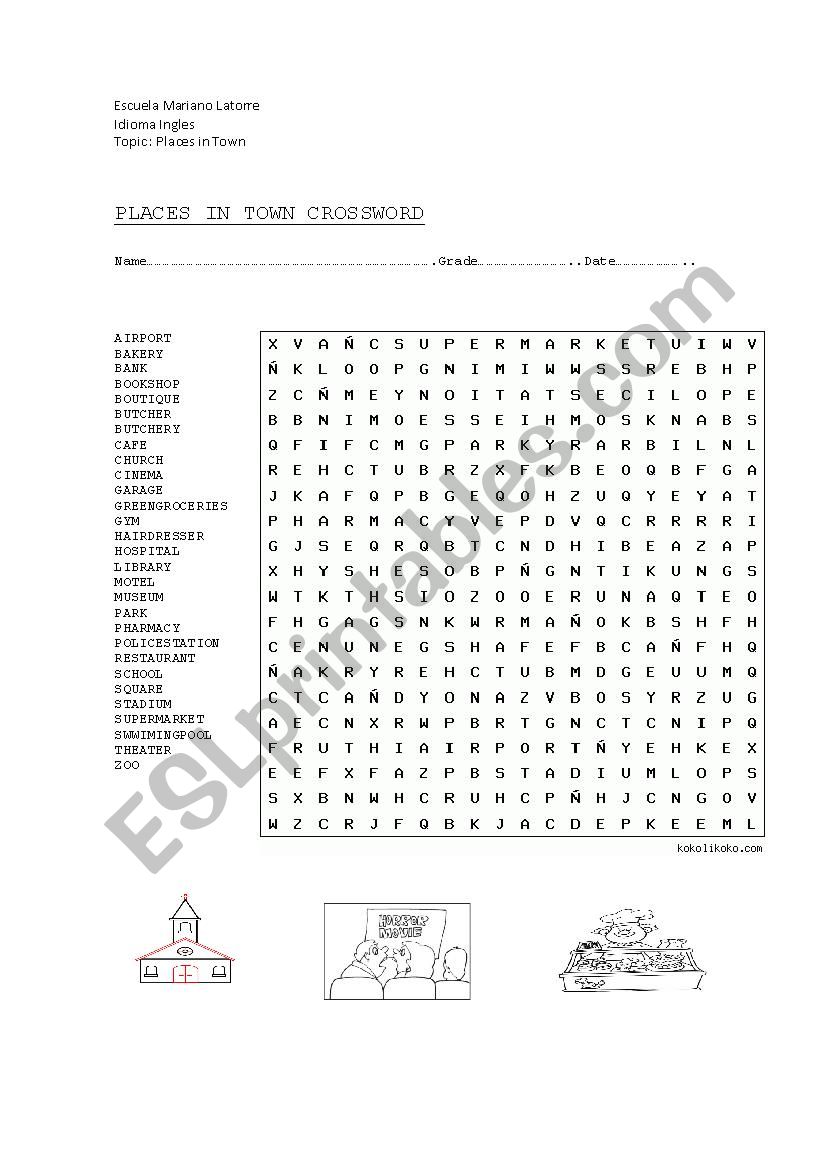 Places in town vocabulary worksheet