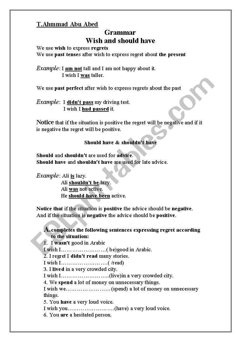 Should & Wish  worksheet