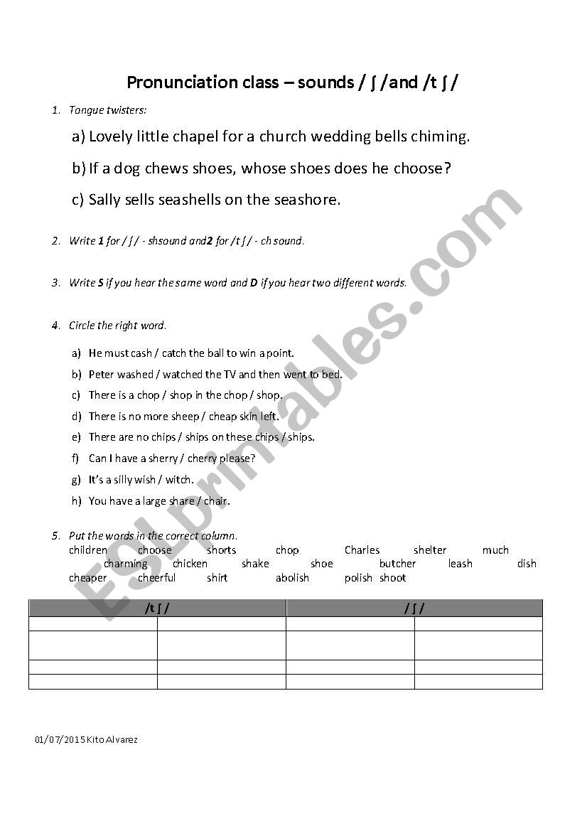 Pronunciation practice– sounds / ʃ / and /t ʃ / - ESL worksheet by Blubeary