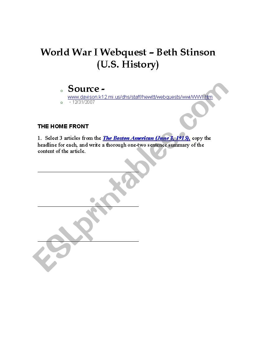 World War I Worksheet worksheet