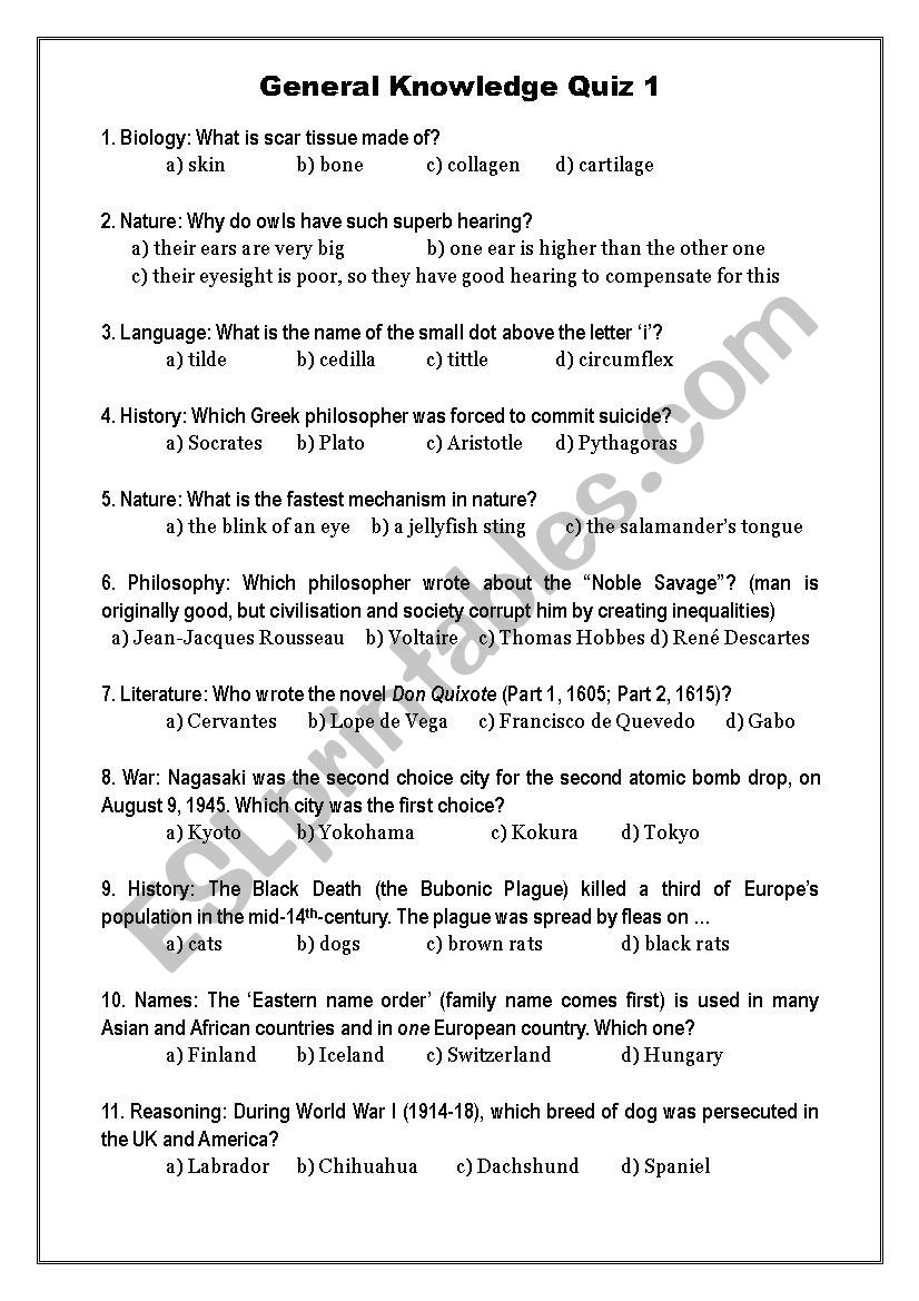 General Knowledge Quiz 1 - ESL worksheet by Oligol