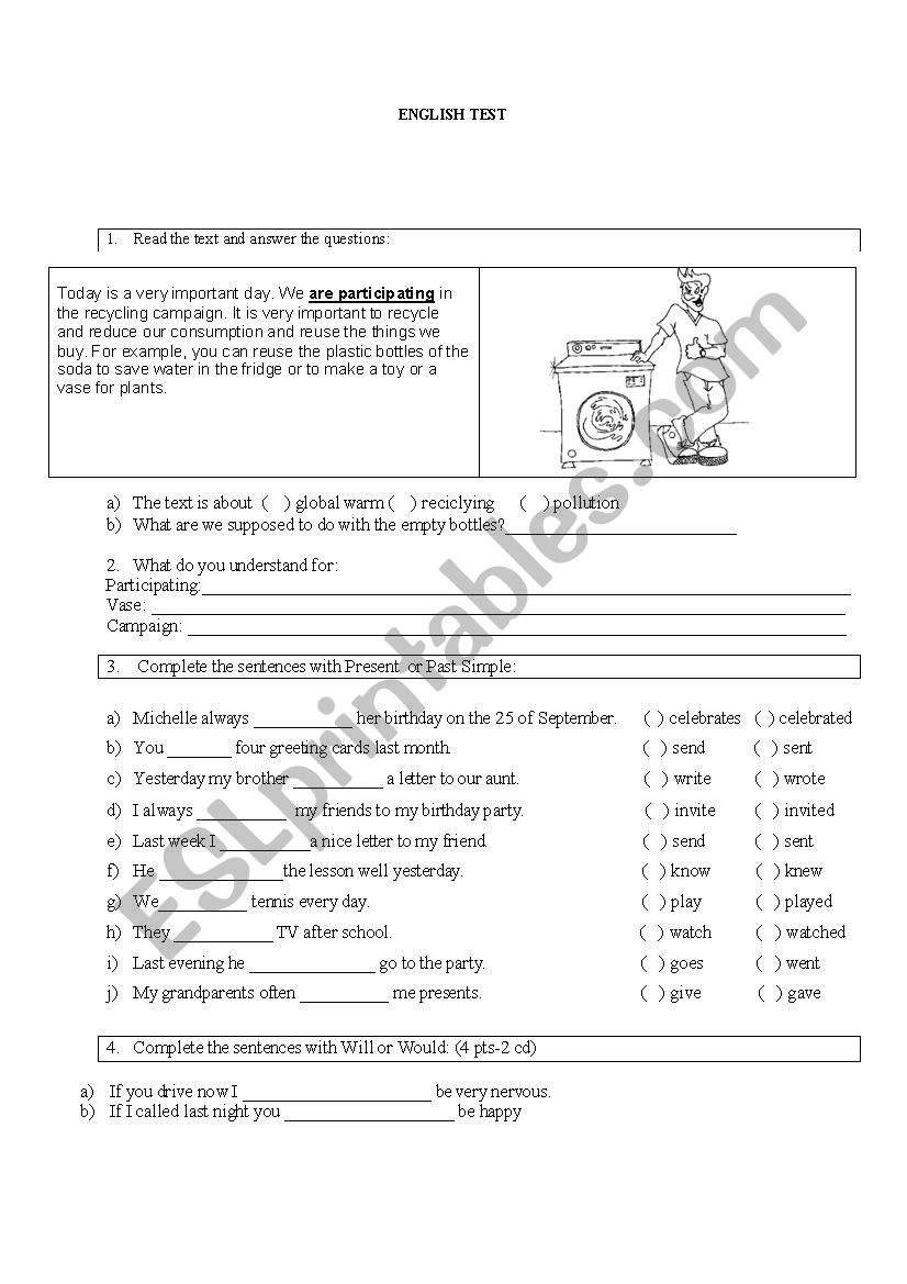 test an exam worksheet