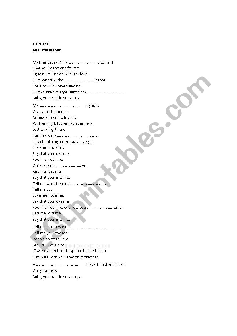 Love Me. Justin Biever worksheet