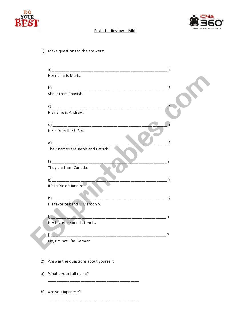 Review for basic students worksheet