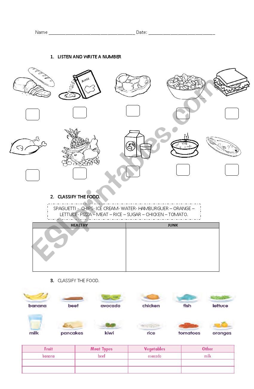 food worksheet