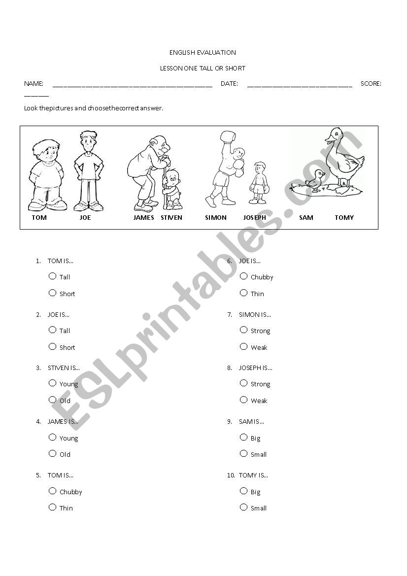 ENGLISH EVALUATION worksheet