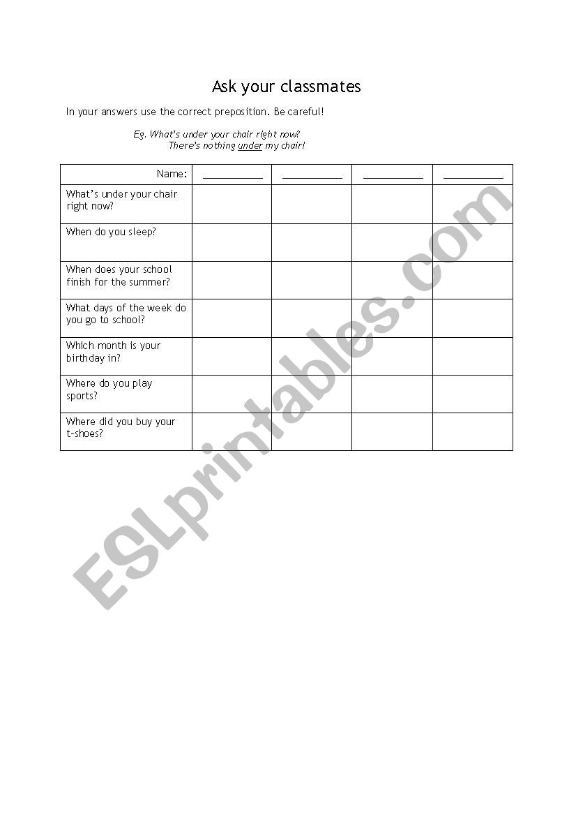 Preposition mingle worksheet