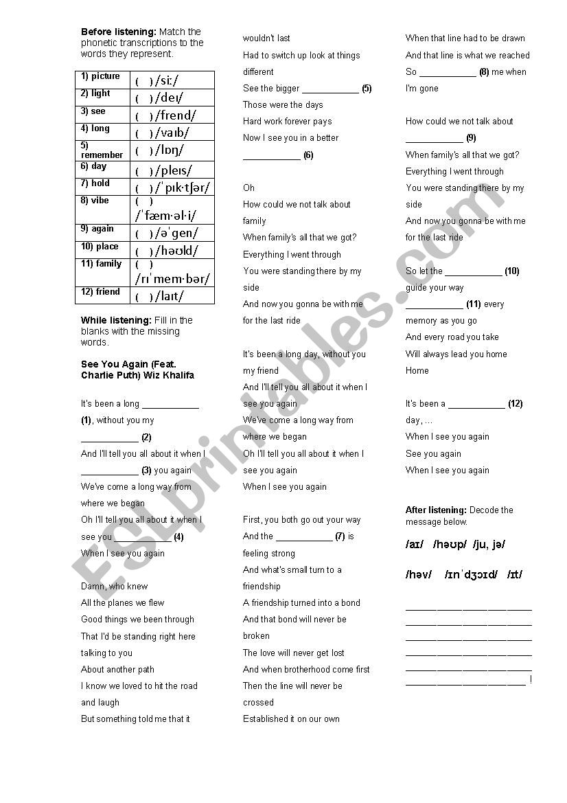 See you again - song activity using phonetic transcriptions_students sheet