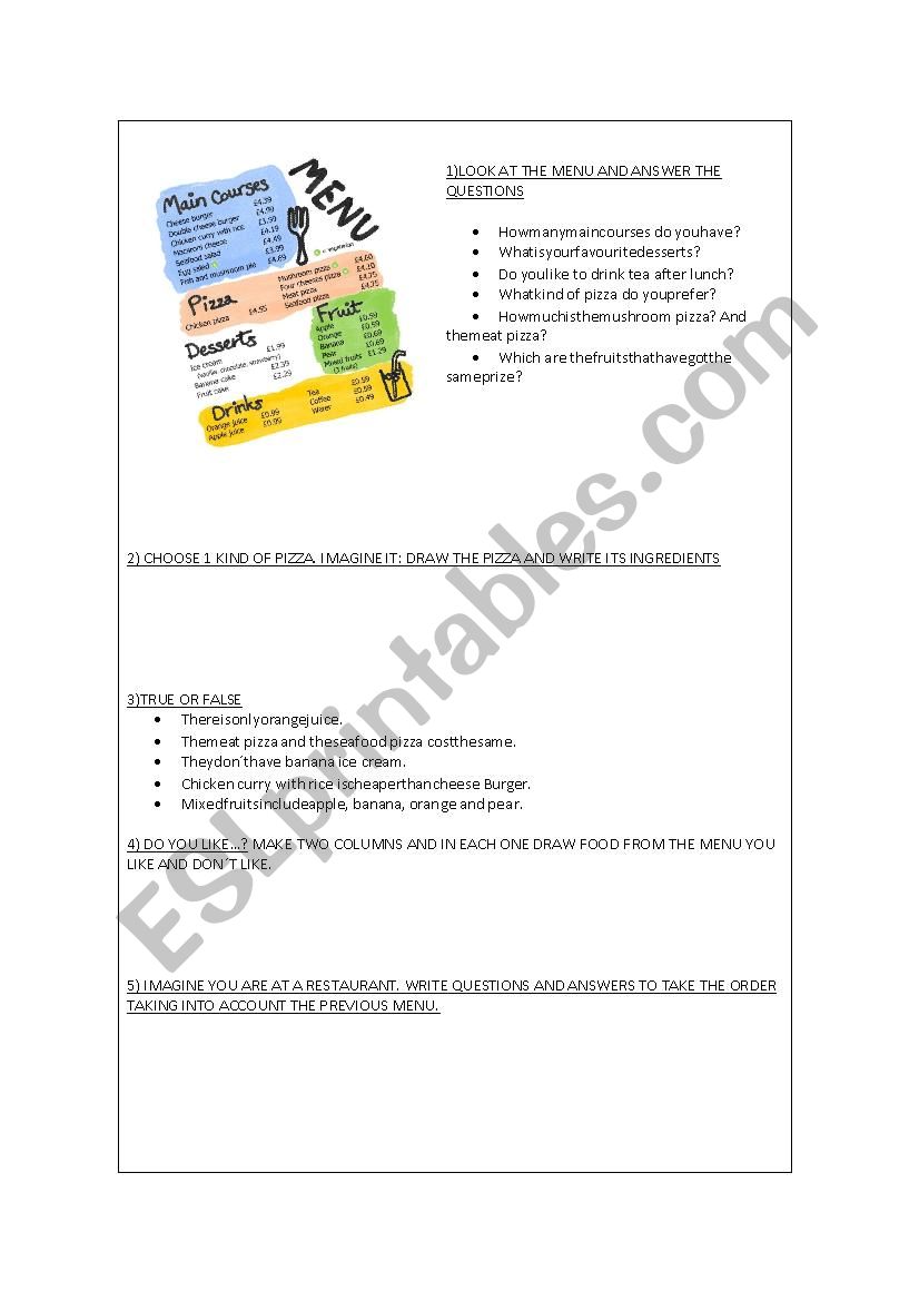 menu activities worksheet