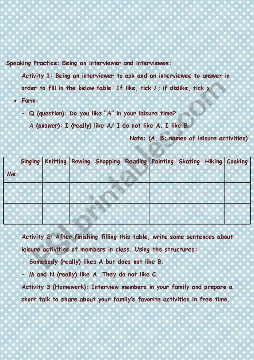 Speaking: Like/ Dislike worksheet