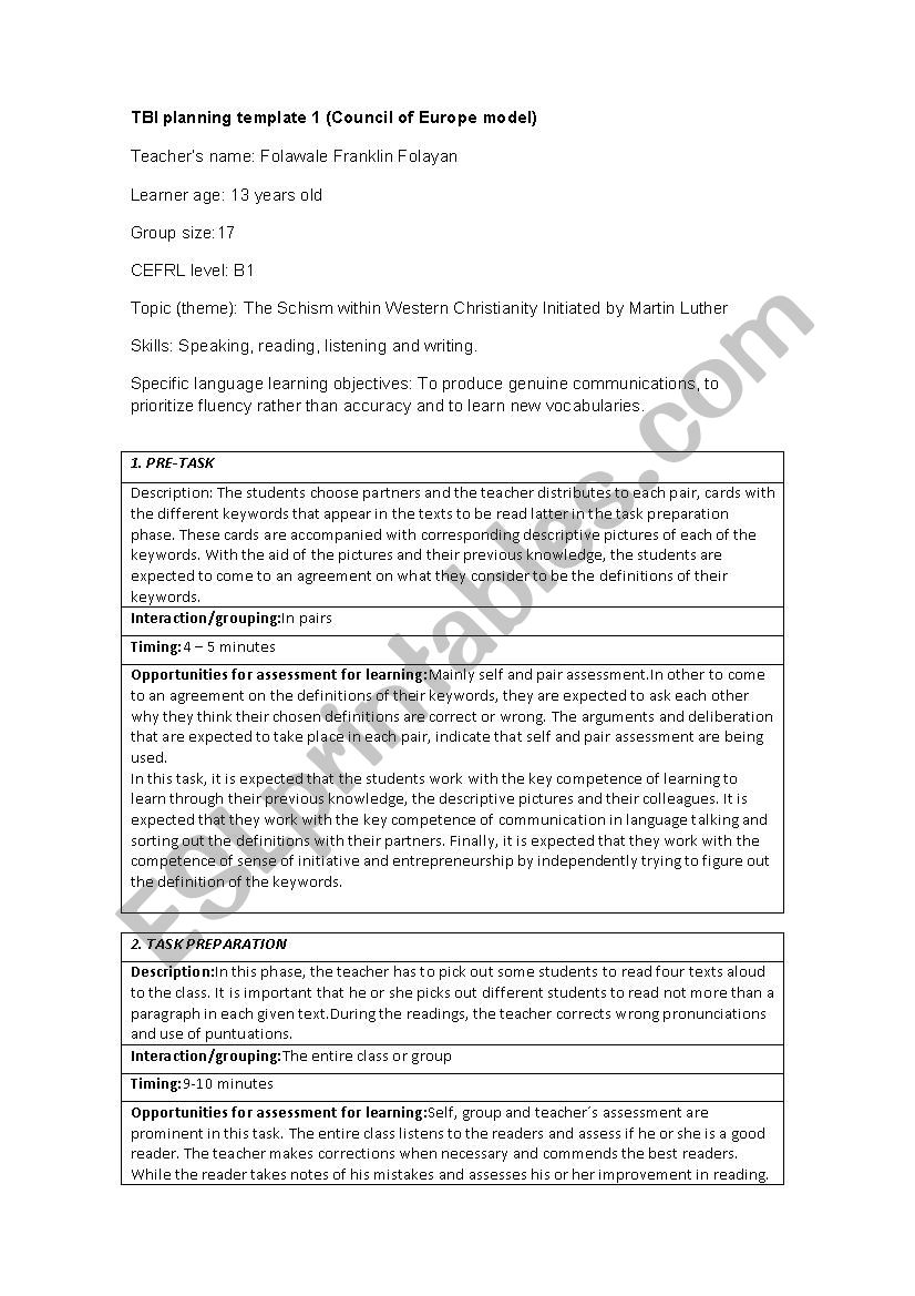 Task Based Learning worksheet