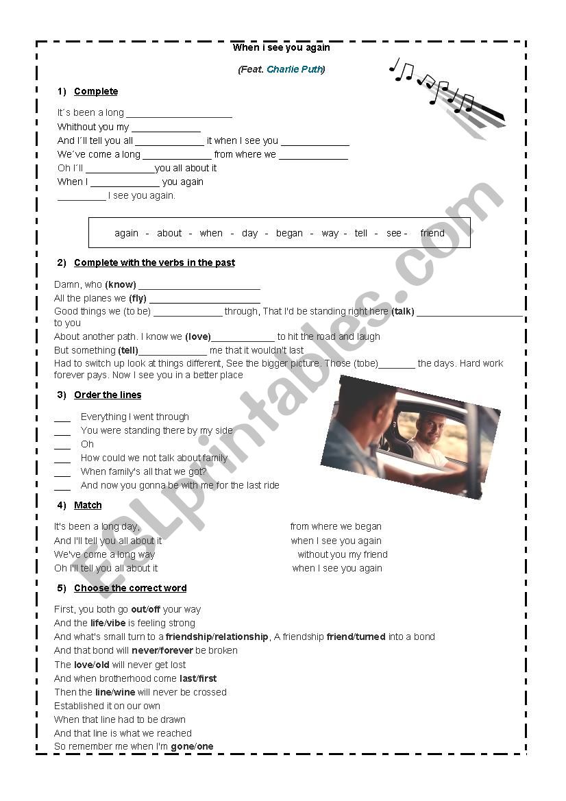 Fast and Furious Movie song worksheet