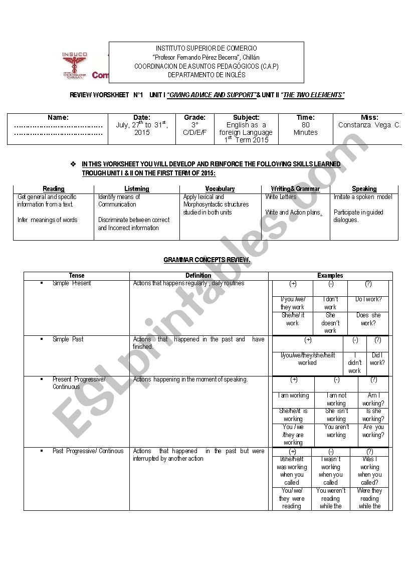 summary worksheet 1st term worksheet