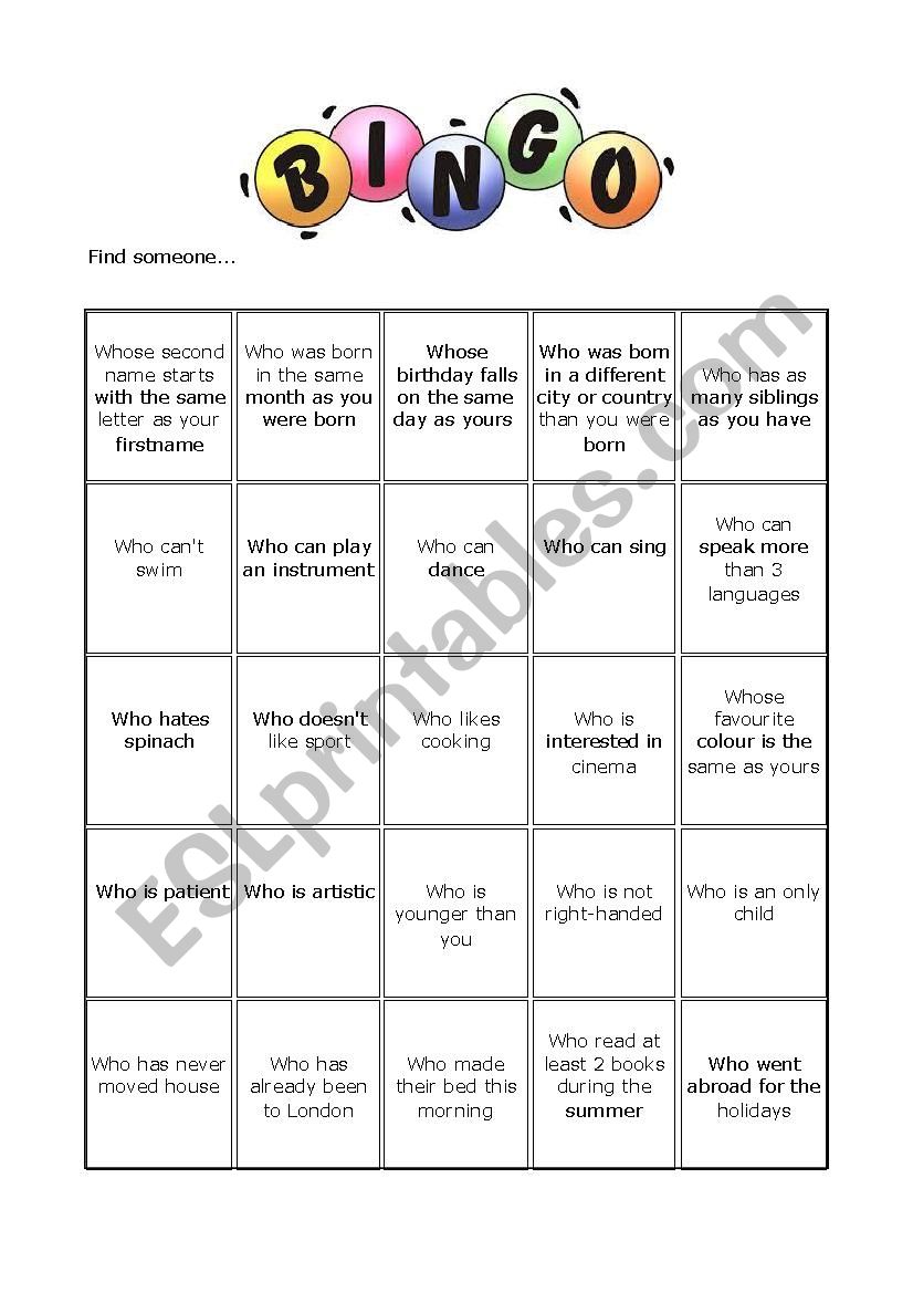 Ice-breaking bingo worksheet