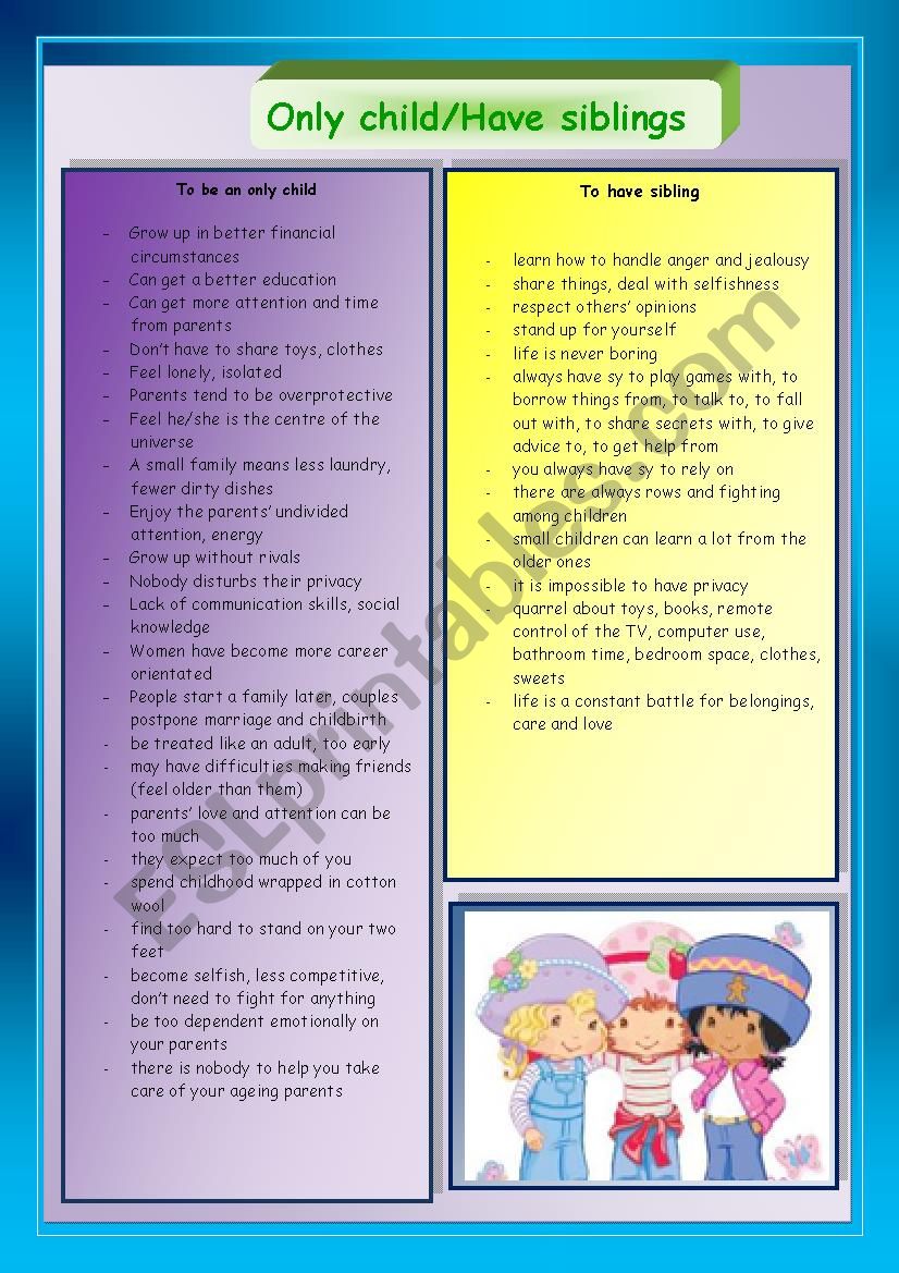 Only child, siblings worksheet