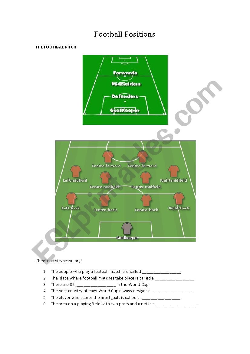 Football Positions Sheet worksheet