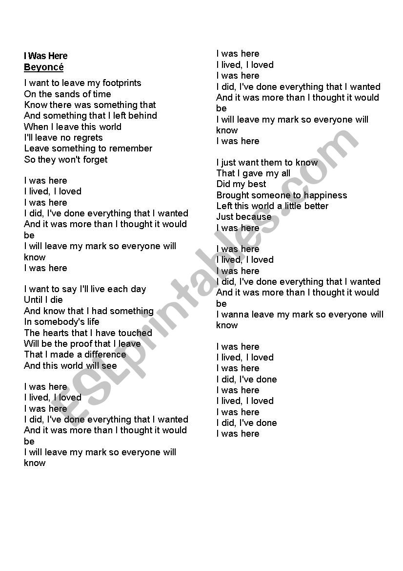 SONG - I was here worksheet