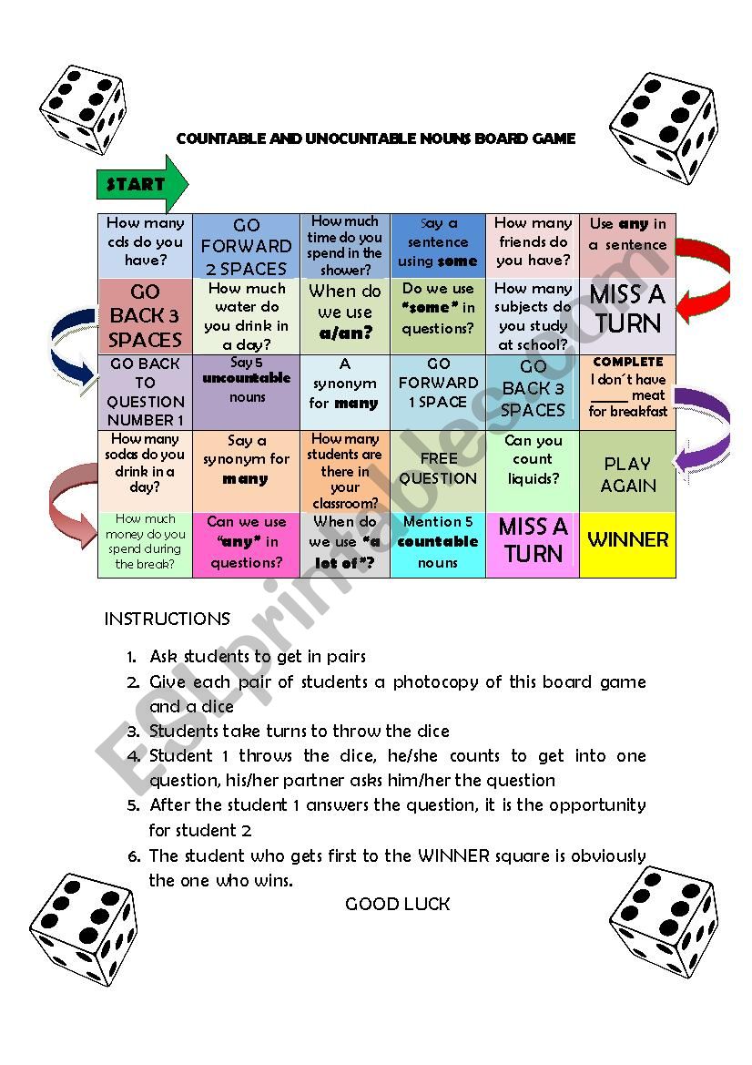 COUNTABLE AND UNCOUNTABLE NOUNS BOARD GAME ESL Worksheet By Deporcali