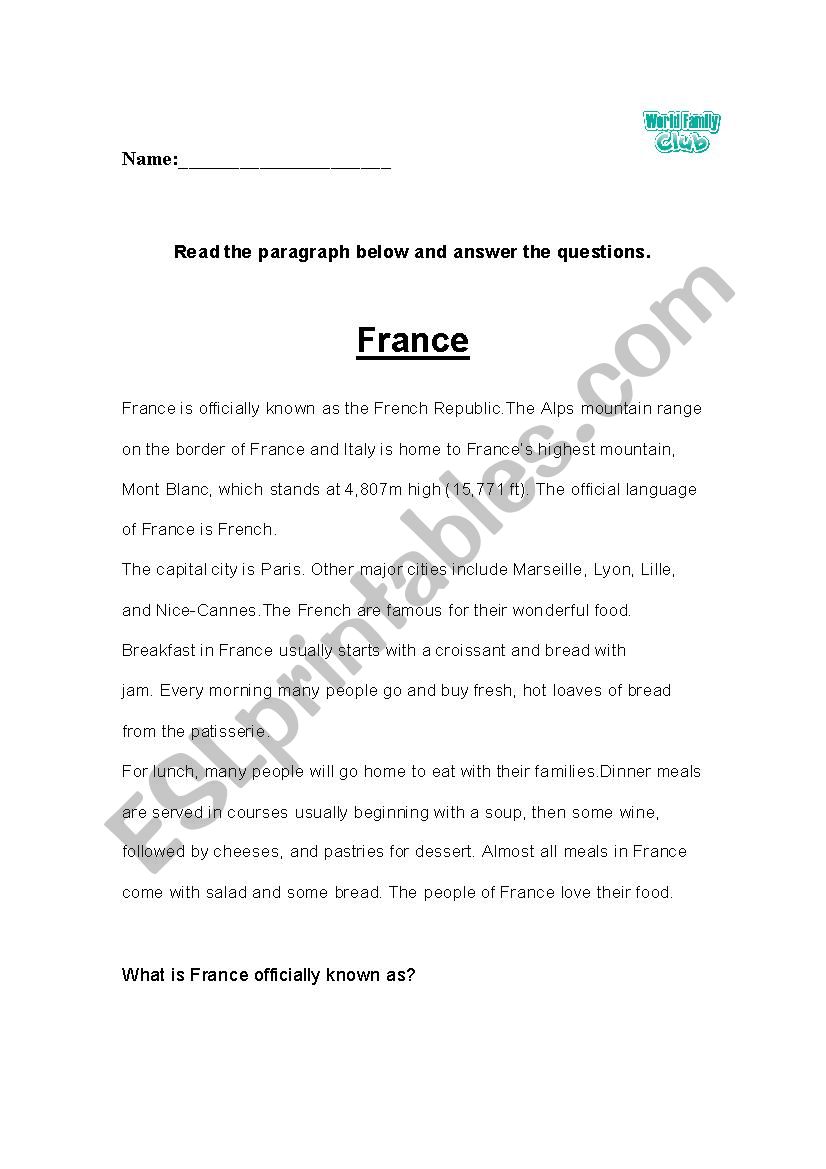 Learn about France worksheet