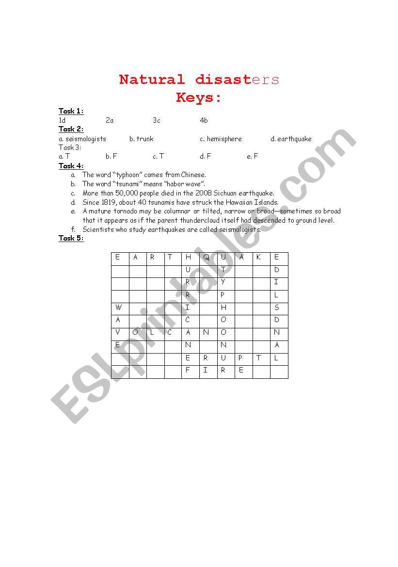 Natural disasters-key worksheet