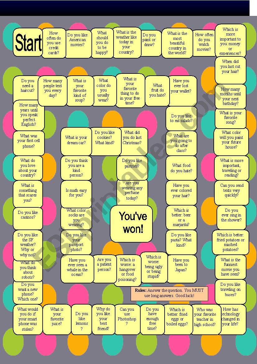 Speaking Double sided Board Game ESL Worksheet By Rowanoak7